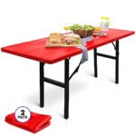 LINPRO 2 Pack Plastic Table Cloths Disposable for Parties 8ft Picnic Table Covers with Elastic Fitted Camping Tablecloth Elastic Table Cover Rectangle Red Tablecloth Waterproof Outdoor
