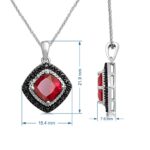 Jewelili 8 MM Cushion Shape Created Ruby and Treated Black and Natural White Round Diamonds Necklace Pendant in Sterling Silver 18″ Rolo Chain